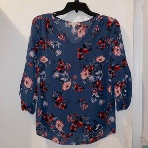 Womens top. Small. Blue and Rusty floral colored. 3 quarter length sleeve.